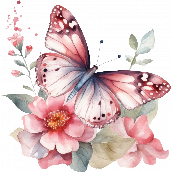 Parlak Pembe Kelebek ve Çiçekler Duvar Stickerı