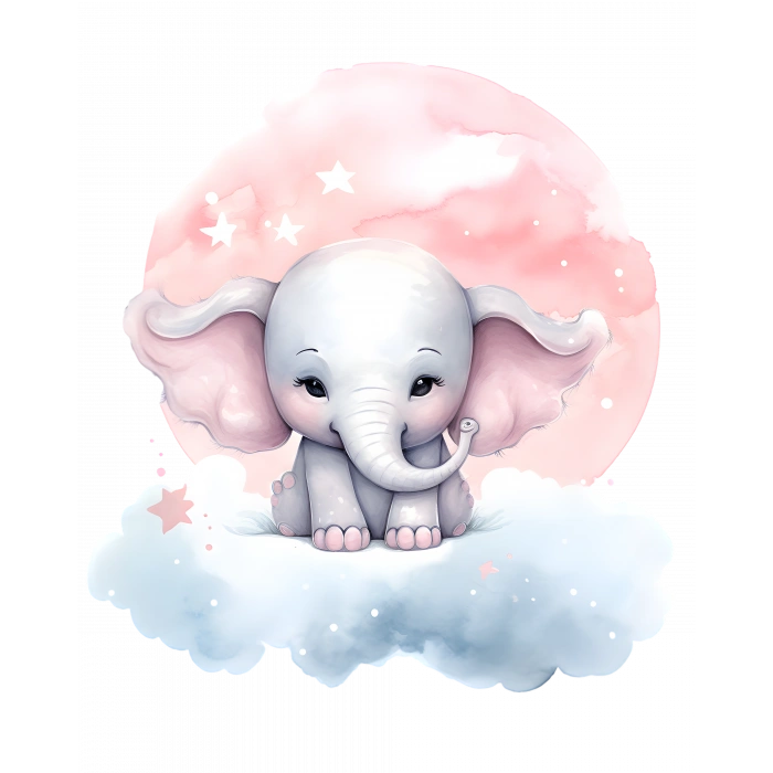 Pembe Ay ve Yıldızlı Bulut Üzerinde Oturan Sevimli Fil Duvar Çıkartması