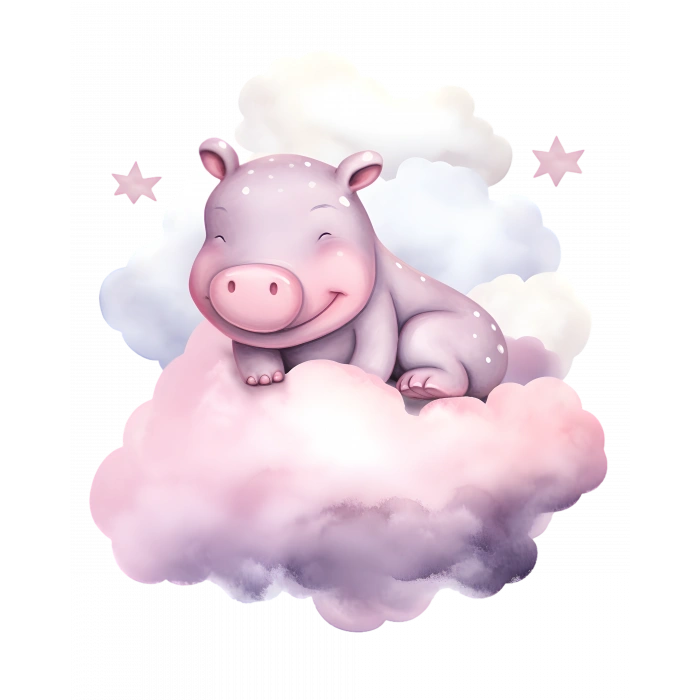 Pembe Bulut Üzerinde Gülümseyen Sevimli Su Aygırı Duvar Çıkartması