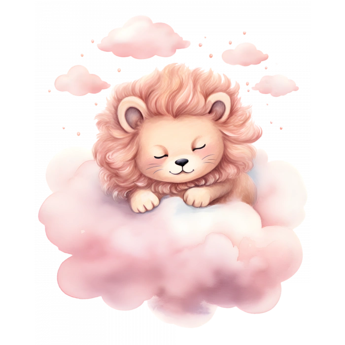 Pembe Bulut Üzerinde Uyuyan Pembe Yeleli Sevimli Aslan Yavrusu Duvar Çıkartması