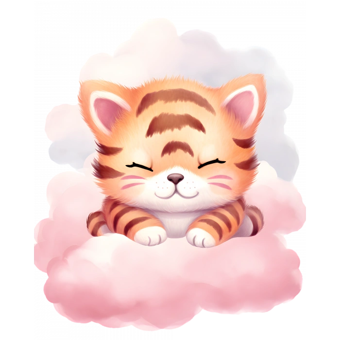 Pembe Bulut Üzerinde Uyuyan Sevimli Kaplan Yavrusu Duvar Çıkartması