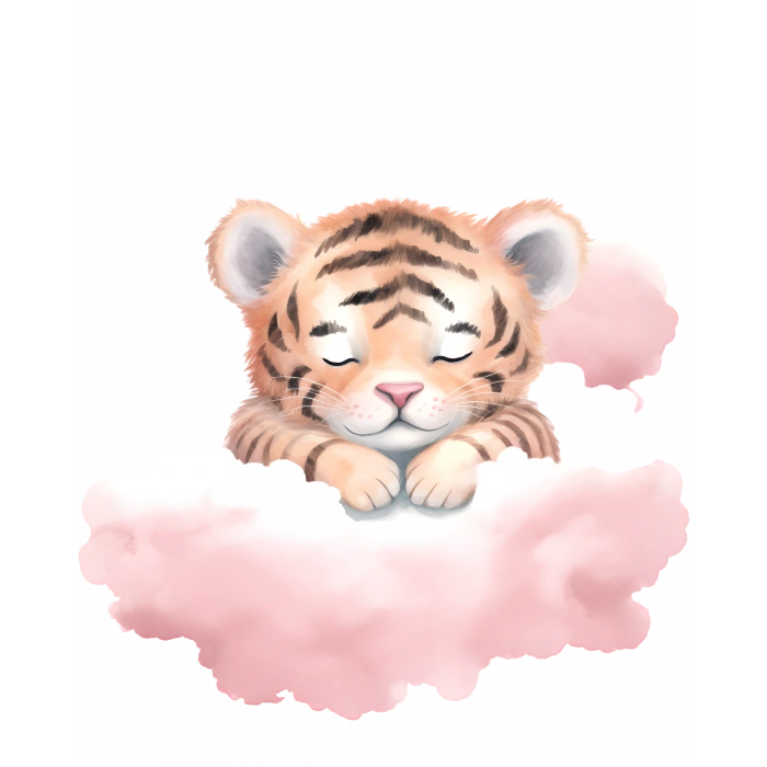 Pembe Bulut Üzerinde Uyuyan Sevimli Kaplan Yavrusu Duvar Çıkartması