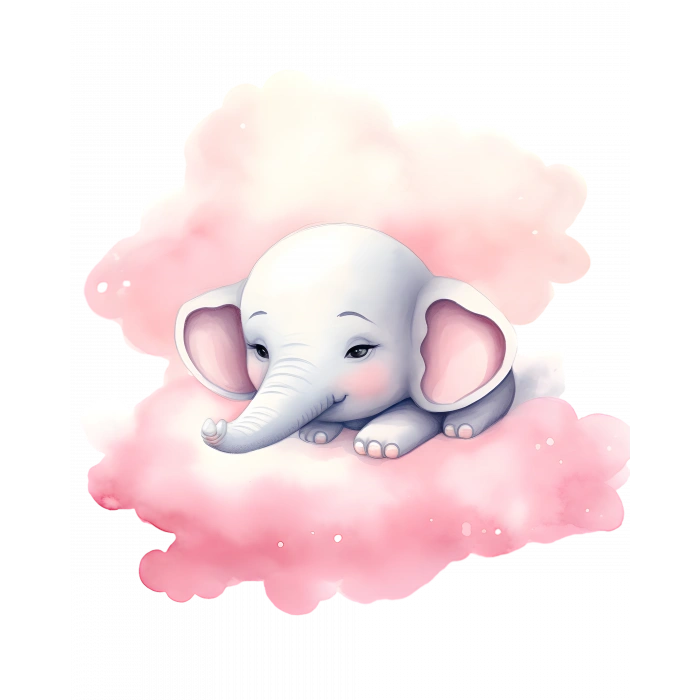 Pembe Bulut Üzerinde Yatan Sevimli Fil Duvar Çıkartması