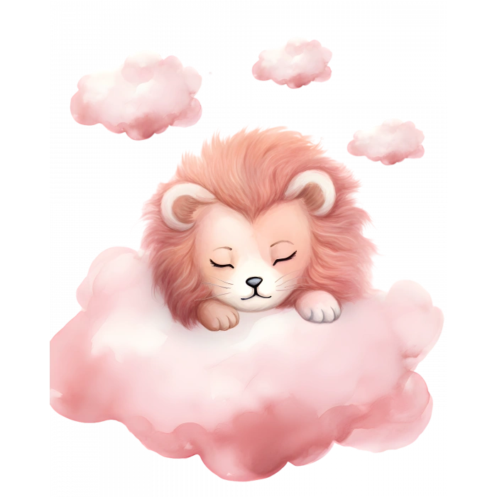Pembe Bulutlar Arasında Uyuyan Pembe Yeleli Sevimli Aslan Yavrusu Duvar Çıkartması
