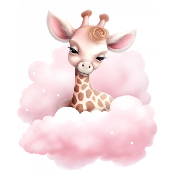 Pembe Bulutlar Arasından Bakan Sevimli Zürafa Duvar Çıkartması