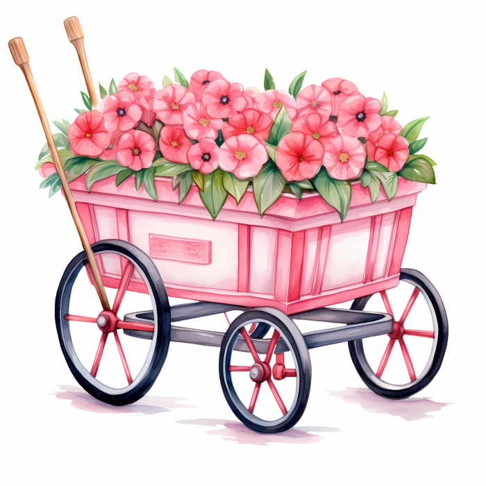 Pembe Çiçekli Ahşap Görünümlü El Arabası