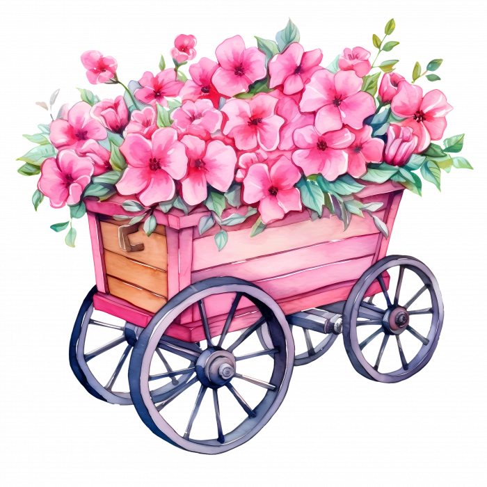 Pembe Çiçekli Ahşap Görünümlü El Arabası Duvar Stickerı