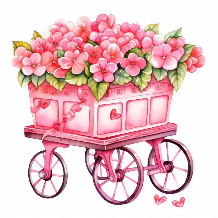 Pembe Çiçekli El Arabası Duvar Stickerı (Pembe Tekerlekli)