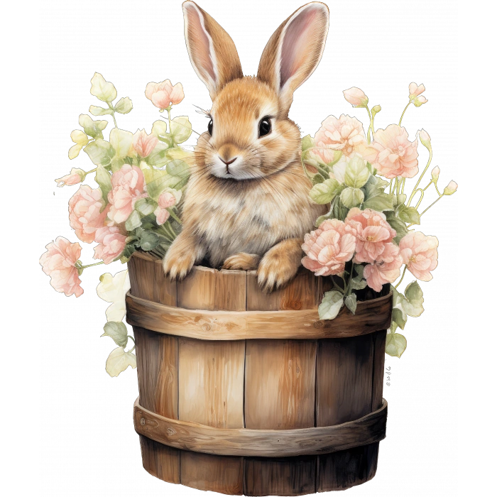 Pembe Çiçekli Kovada Tavşan Duvar Stickerı