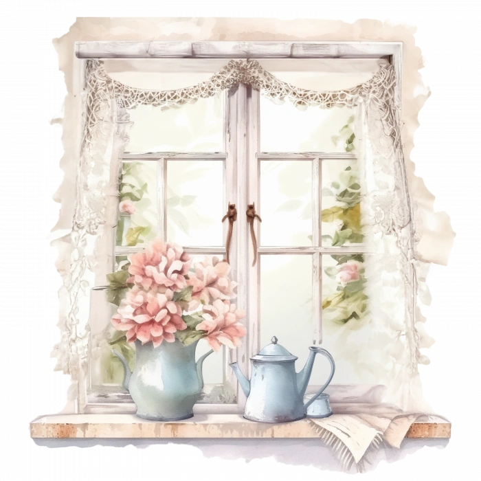 Pembe Çiçekli Vazolar ve Perde Detaylı Pencere Duvar Stickerı