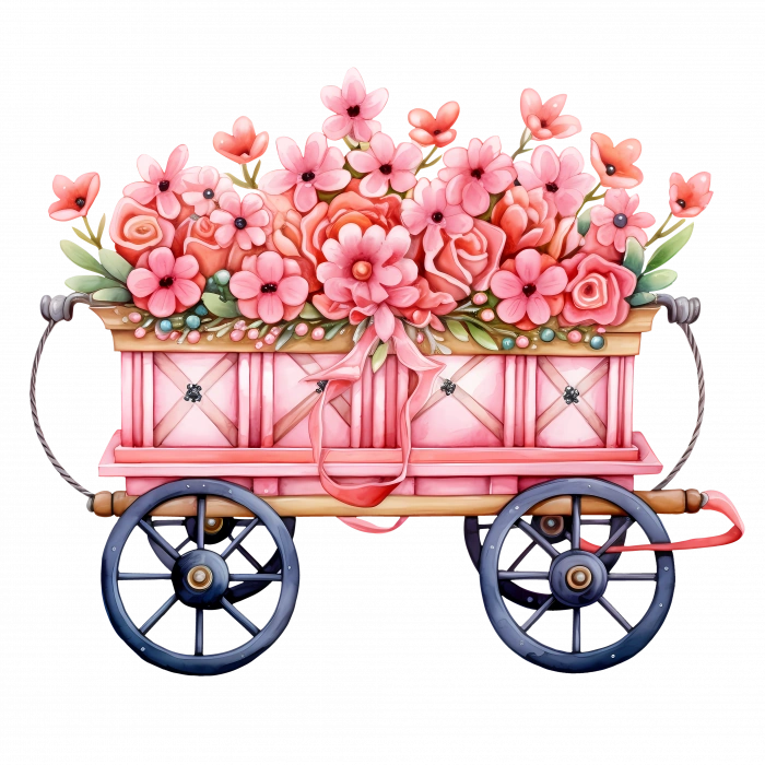 Pembe Çiçekli ve Mavi Tekerlekli El Arabası Duvar Stickerı