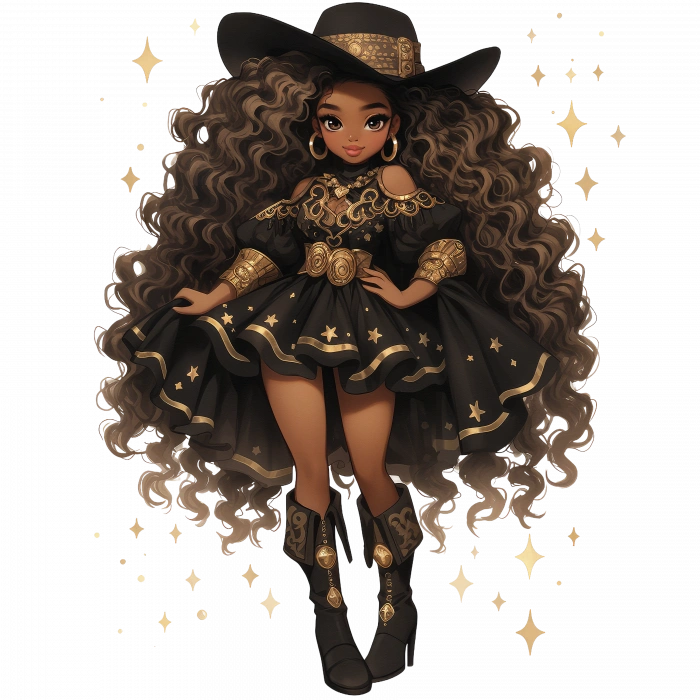 Pembe Detaylı Fırfırlı Elbiseli Kovboy Kız Duvar Stickerı