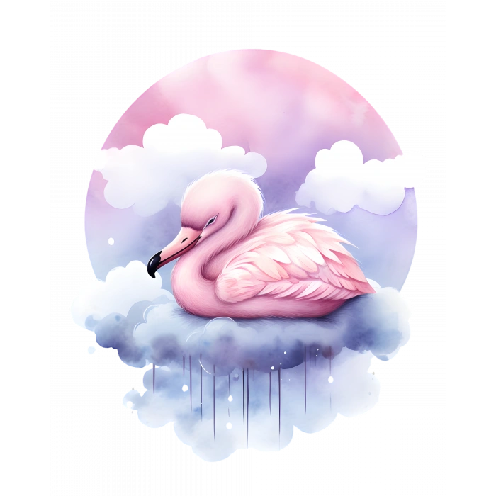 Pembe Gökyüzü ve Bulutlar Üzerinde Uzanmış Pembe Flamingo Duvar Çıkartması