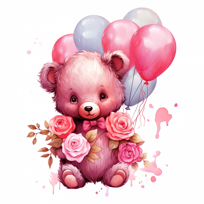 Pembe Güllü ve Balonlu Kız Ayıcık Duvar Stickerı