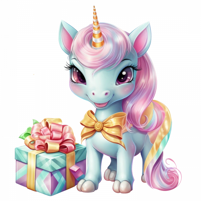 Pembe Kurdeleli Hediyeli ve Mavi Yeleli Tek Boynuzlu At Duvar Stickerı