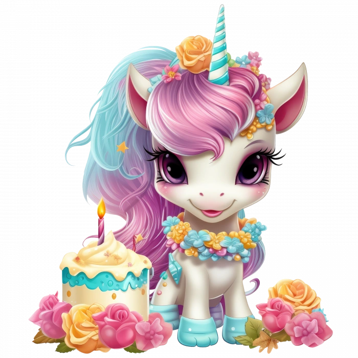 Pembe Yeleli Çiçekli ve Pastalı Unicorn Duvar Stickerı