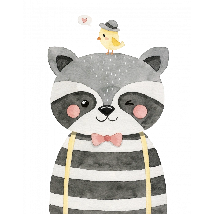 Şapkalı Rakun ve Kuş Duvar Stickerı