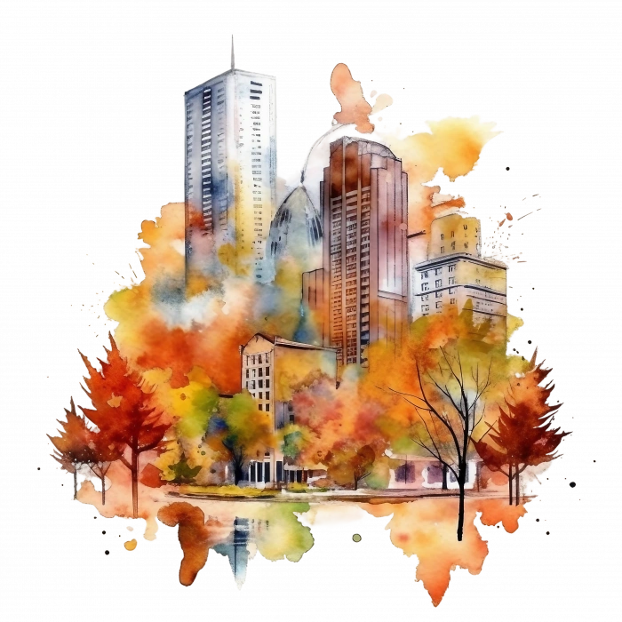 Şehir Manzarası ve Parlak Sonbahar Ağaçları Duvar Stickerı