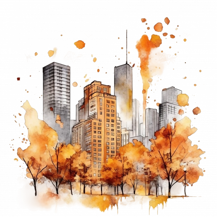 Şehir Silüeti ve Sonbahar Ağaçları Duvar Stickerı