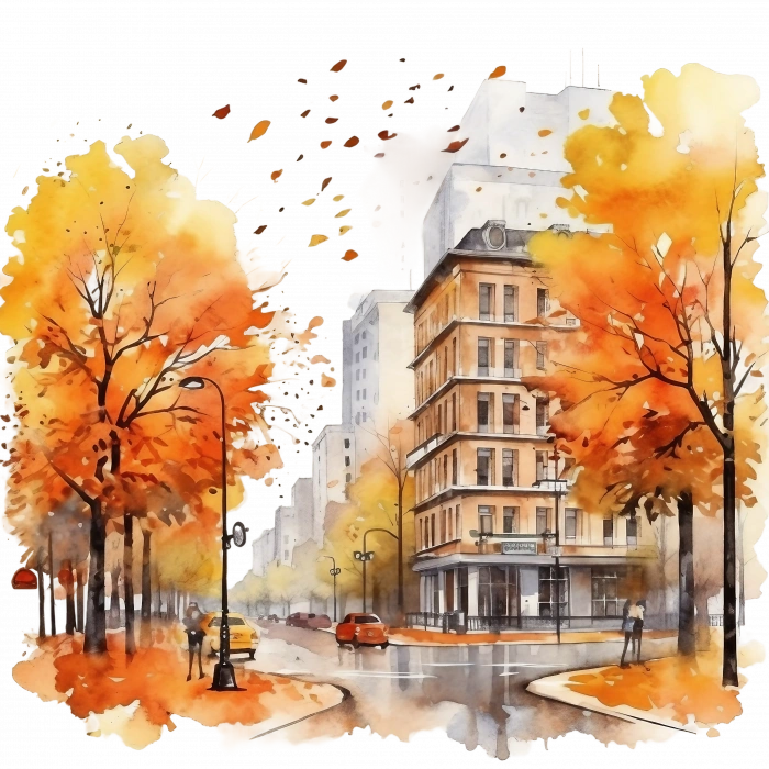 Şehir Sokağı ve Turuncu Yapraklı Ağaçlar Duvar Stickerı