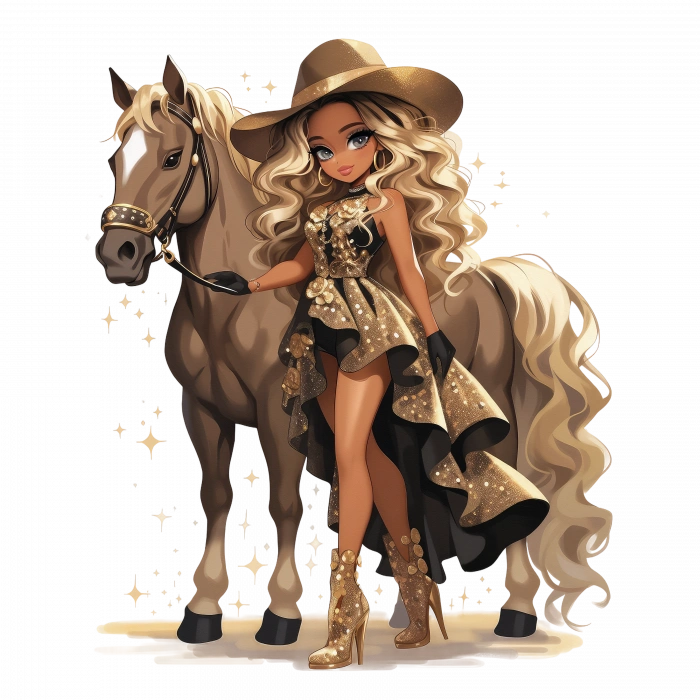 Şık Siyah ve Altın Elbiseli Kovboy Kız Duvar Stickerı