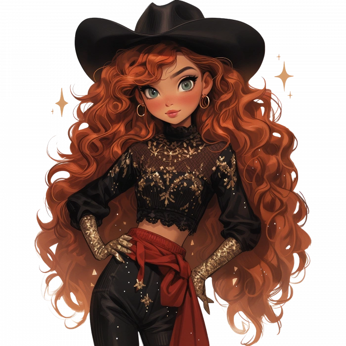 Siyah Şapkalı Altın Detaylı Kıvırcık Saçlı Kız Duvar Stickerı