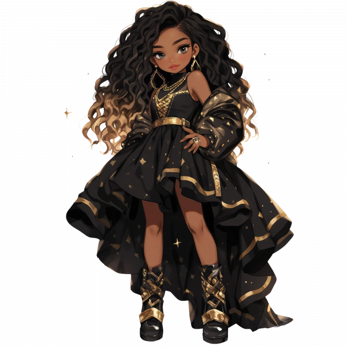 Siyah ve Altın Detaylı Elbiseli Şık Kovboy Kız Duvar Stickerı