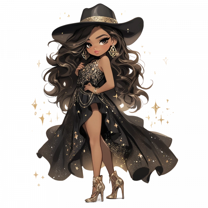 Siyah ve Altın Işıltılı Elbiseli Kovboy Kız Duvar Stickerı