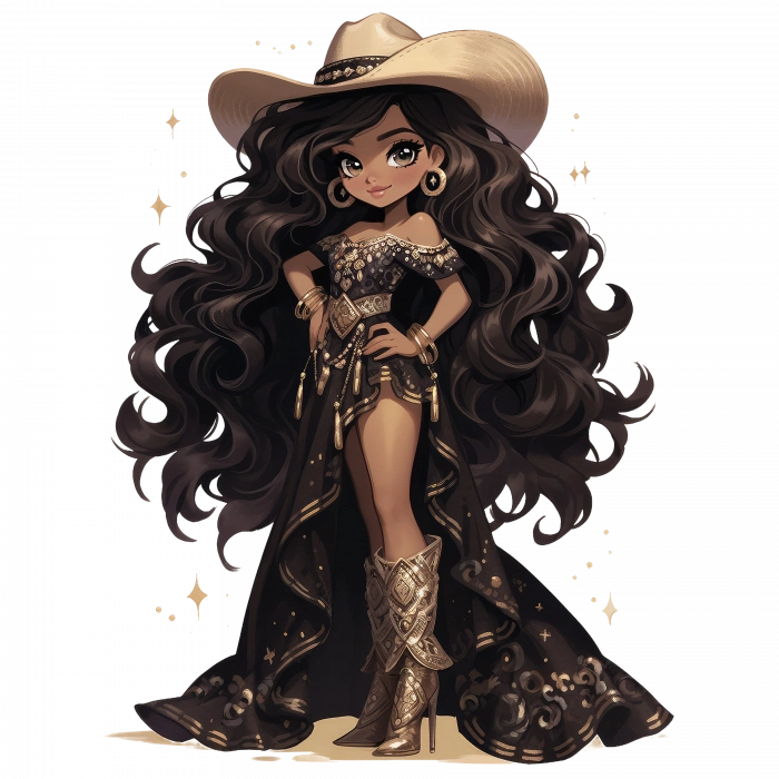 Siyah ve Altın İşlemeli Elbiseli Kovboy Kız Duvar Stickerı