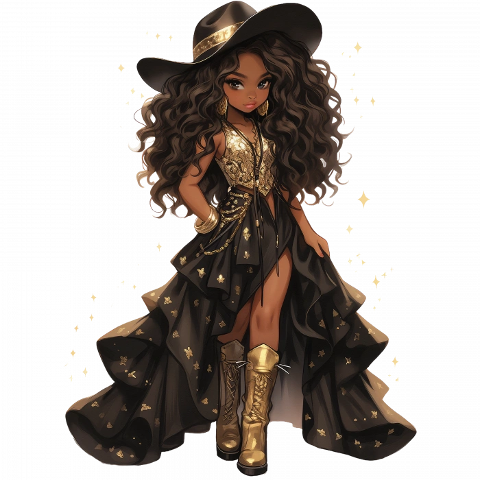 Siyah ve Altın Parıltılı Elbiseli Kovboy Kız Duvar Stickerı