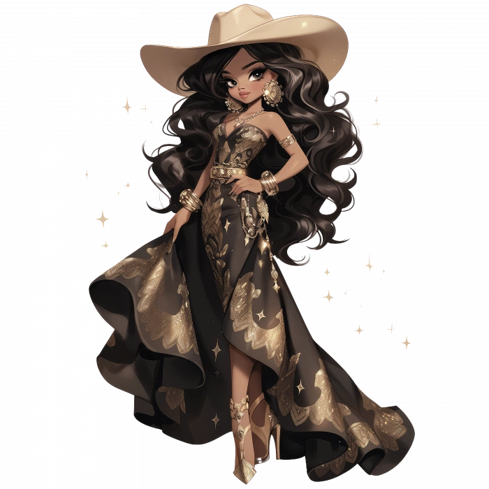 Siyah ve Altın Uzun Elbiseli Zarif Kovboy Kız Duvar Stickerı