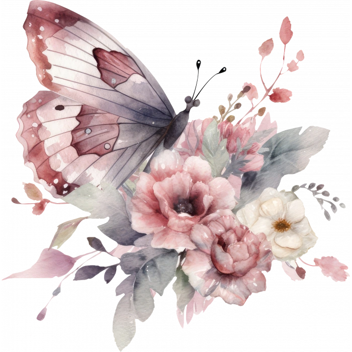 Soluk Pembe Kelebek ve Çiçekler Duvar Stickerı