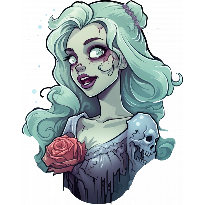 Soluk Tenli Gül ve Kafataslı Zombi Kız Duvar Stickerı