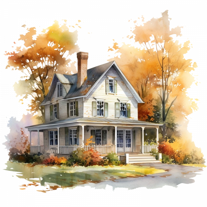 Sonbahar Ağaçları Arasında Beyaz Ev Duvar Stickerı