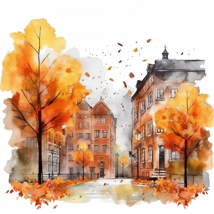 Sonbahar Ağaçları Arasında Şehir Sokağı Duvar Stickerı