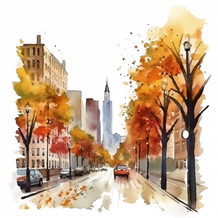 Sonbahar Ağaçlı Şehir Sokağı Duvar Stickerı