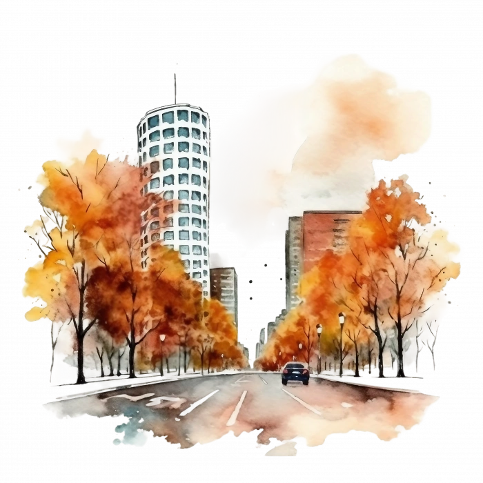 Sonbahar Caddesi ve Şehir Manzarası Duvar Stickerı