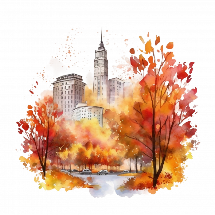 Sonbahar Şehri Göl Manzarası Duvar Stickerı