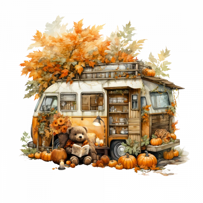 Sonbahar Yapraklı Karavan ve Kabaklar Duvar Stickerı