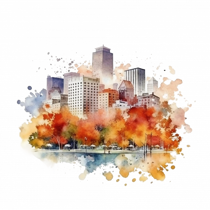 Soyut Şehir Silüeti ve Renkli Sonbahar Ağaçları Duvar Stickerı