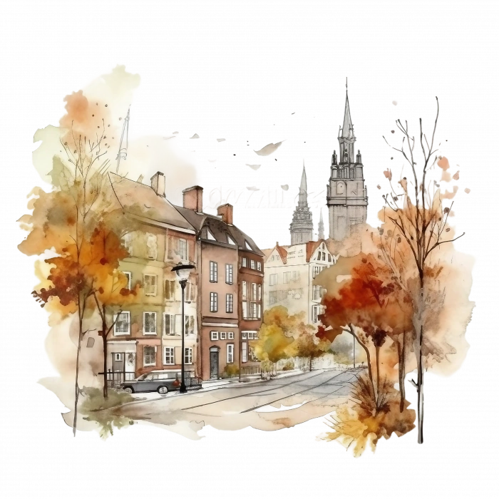 Tarihi Şehir Manzarası ve Sonbahar Ağaçları Duvar Stickerı