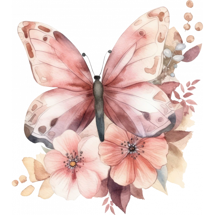 Turuncu-Pembe Kelebek ve Çiçekler Duvar Stickerı