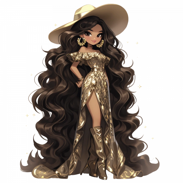 Uzun Altın Elbiseli ve Geniş Şapkalı Kovboy Kız Duvar Stickerı
