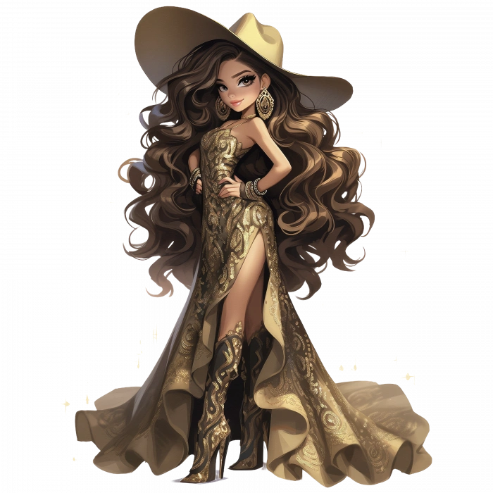 Uzun Katlı Altın Elbiseli Kovboy Kız Duvar Stickerı