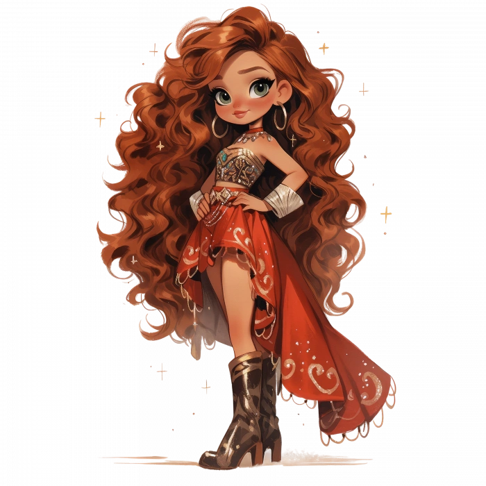 Uzun Kızıl Saçlı Kırmızı Elbiseli Kovboy Kız Duvar Stickerı