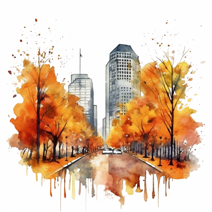 Yansımalı Şehir Manzarası ve Sonbahar Ağaçları Duvar Stickerı