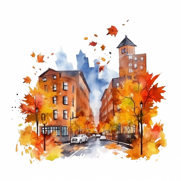 Yaprakların Arasında Sonbahar Şehir Binası Duvar Stickerı