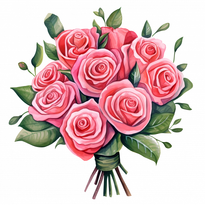 Yapraklı Pembe Gül Buketi Duvar Stickerı