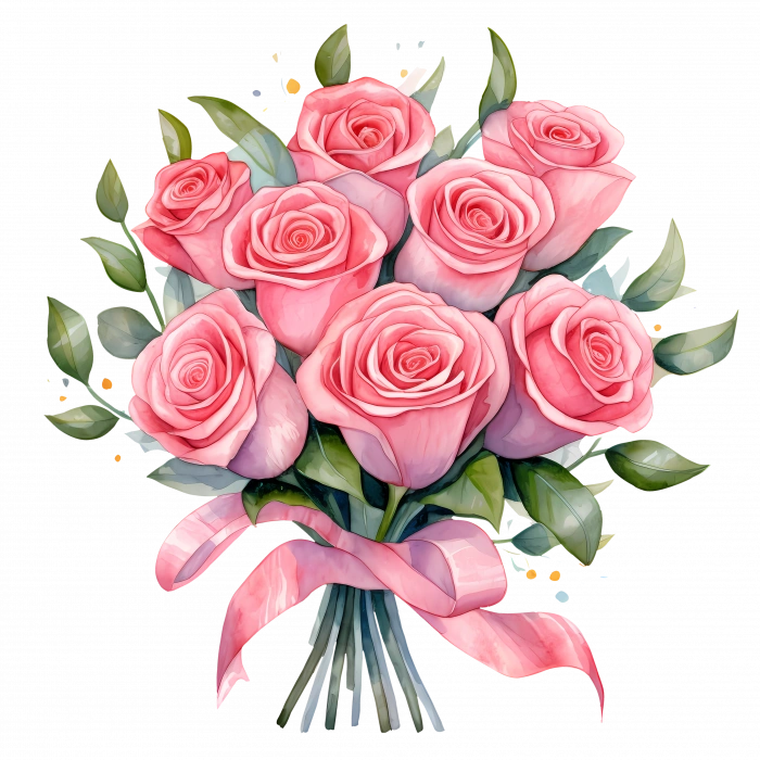 Yapraklı ve Kurdeleli Gül Buketi Duvar Stickerı