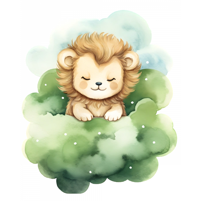 Yeşil Bulutlar Arasında Uyuyan Sevimli Aslan Yavrusu Duvar Çıkartması